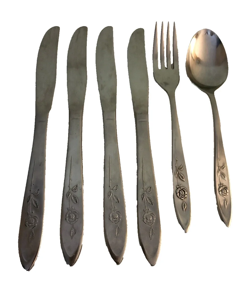6 piece Oneida Community MY ROSE Stainless Flatware knives fork soup spoon